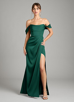 Azazie Johana Bridesmaid Dresses Emerald Mermaid Off the Shoulder Stretch Satin Convertible Dress image1