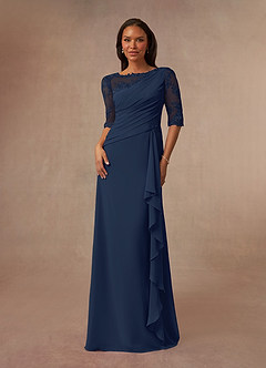 Azazie Dionysus Mother of the Bride Dresses Dark Navy A-Line Boatneck Lace Chiffon Dress image1