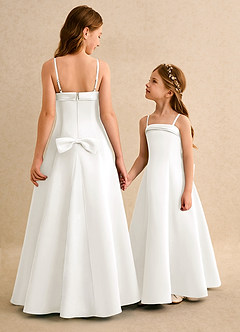 Azazie Izel Junior Formal 플라워 걸 드레스 A라인 주름진 매트 새틴 플로어 길이 드레스 image1