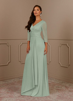 Azazie Annetta Mother of the Bride Dresses Dusty Sage A-Line V-Neck Pleated Mesh Dress image2