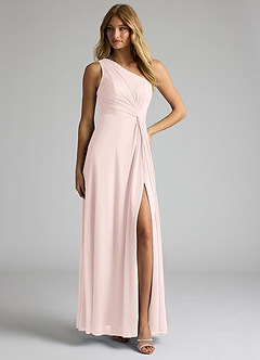 Azazie Brooke Bridesmaid Dresses Blushing Pink A-Line One Shoulder Mesh Dress image3