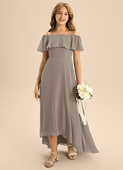 Azazie Maggie Junior Taupe A-Line Off the Shoulder Chiffon Dress image3