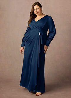 Azazie Petrina Mother of the Bride Dresses Dark Navy Mermaid Pleated Stretch Satin Dress image3