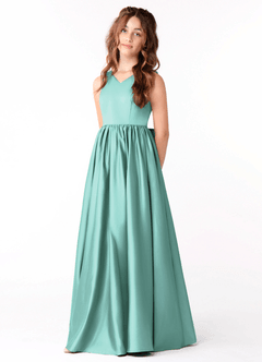 Azazie Hathaway Junior Aqua A-Line Bow Stretch Satin Dress image3