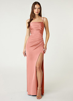 Azazie Desi Bridesmaid Dresses Coral Sheath Halter Corset Stretch Satin Dress image1