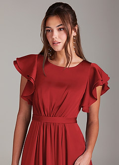 Azazie Daphne Modest Bridesmaid Dresses A-Line Ruched Stretch Satin Floor-Length Dress image5
