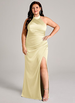 Azazie Jemma Bridesmaid Dresses Lemon Sorbet Sheath Pleated Stretch Satin Dress image10