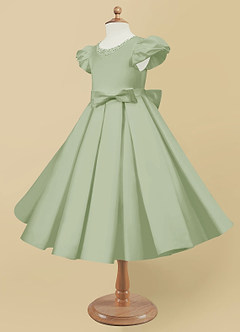 Azazie Jewel Flower Girl Dresses Dusty Sage Ball-Gown Pleated Matte Satin Dress image6