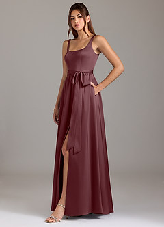 Azazie Elliott Bridesmaid Dresses Sangria A-Line with Pockets Stretch Satin Dress image4