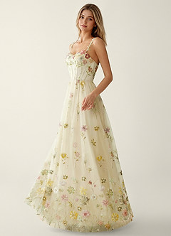 Irisqun Żółty Suknia balowa z tiulu z haftem cekinowym i koralikami w kwiaty 3D image4