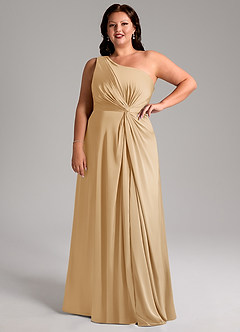 Azazie Brooke Bridesmaid Dresses Gold A-Line One Shoulder Stretch Satin Dress image15