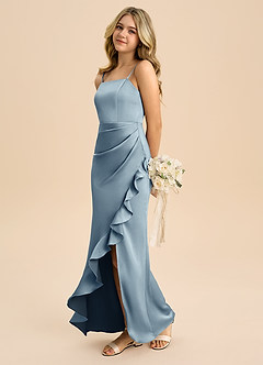 Azazie Buzzy Junior Dusty Blue Sheath Pleated Stretch Satin Dress image6