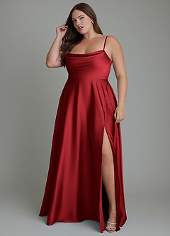 Azazie Elle Bridesmaid Dresses Scarlet A-Line Pleated Stretch Satin Dress image12