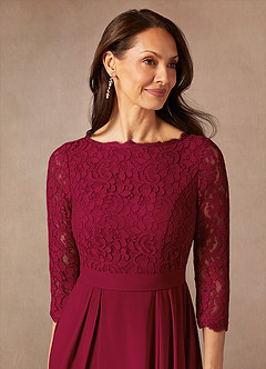 Azazie Lucianna At-home Try On Dresses Burgundy A-Line Lace Dress image7
