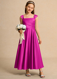 Azazie Bundle Girls Formal Flower Girl Dresses Fuchsia A-Line Pleated Matte Satin Dress image3
