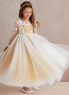 Azazie Elodie Robe Demoiselle D'honneur Fillette Robe Princesse en Dentelle Ivoire Caramel Au Beurre image2