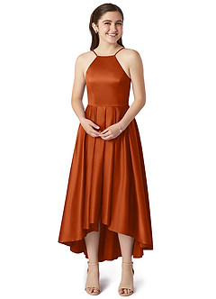 Azazie Jemima Junior Vestido de Naranja Quemada de Satén Elástico de Corte En A con Con bolsillos image4