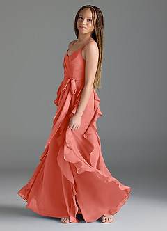 Azazie Peyton Junior Salmon Pink A-Line V-Neck Cascading Ruffles Chiffon Dress image4
