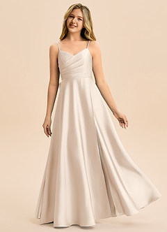 Azazie Rumi Junior Linia A Pofałdowany Satyna elastyczna Długość podłogi Młodsza druhna Sukienka image1