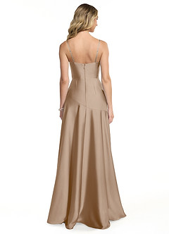 Azazie Kayla Bridesmaid Dresses Taupe Sheath Side Slit Stretch Satin Dress image2