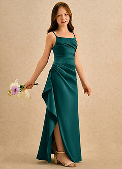 Azazie Cannoli Girls Formal Robe Demoiselle D'honneur Fillette Robe Trapèze en Mat Satiné Plissée Paon image1