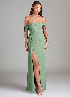 Azazie Amyra Bridesmaid Dresses Matcha Sheath Off the Shoulder Chiffon Convertible Dress image3