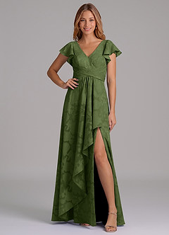 Azazie Omari 신부 들러리 드레스 A라인 주름진 플로럴 번아웃 바닥 길이 드레스 image1