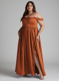 Azazie Morana Bridesmaid Dresses Cinnamon A-Line Off the Shoulder Stretch Satin Convertible Dress image12