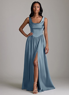 Azazie Novi Bridesmaid Dresses Dusty Blue A-Line with Pockets Stretch Satin Dress image1