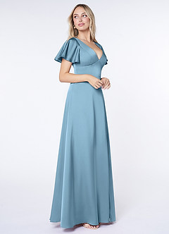 Azazie Lani Bridesmaid Dresses Steel Blue A-Line Flounce Sleeve Stretch Satin Dress image4