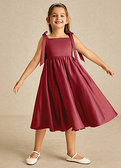 Azazie Chelsie Flower Girl Dresses Pomegranate A-Line Bow Matte Satin Dress image1