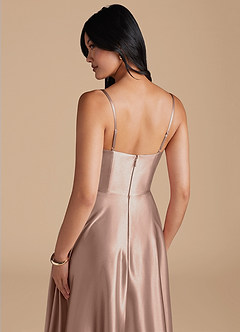 Azazie Elle Bridesmaid Dresses Taupe A-Line with Pockets Metallic Satin Dress image4