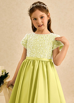 Azazie Cashew Flower Girl Dresses Canary Ball-Gown with Sleeves Matte Satin Dress image6