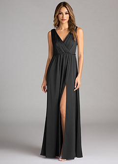 Azazie Tanicia Bridesmaid Dresses Black A-Line Pleated Stretch Satin Dress image3