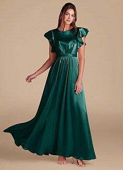 Azazie Daphne Modest Bridesmaid Dresses A-Line Ruched Metallic Satin Floor-Length Dress image1