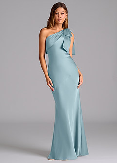 Azazie Yuanna Robes de demoiselle d'honneur Robe Sirène en Satin extensible Ue épaule Bleu Maussade image1