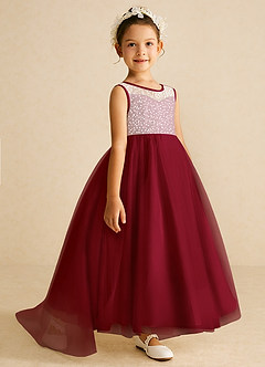 Azazie Tay Flower Girl Dresses Burgundy A-Line Sequins Tulle Dress image3