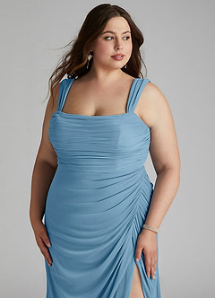 Azazie Jesaphine Jurken voor bruidsmeisjes Jurk van Mesh met Kolom Ruches Staal Blauw image11