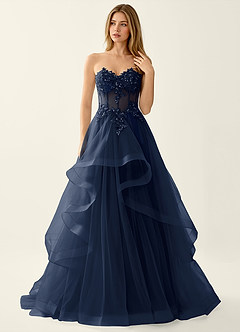 Anais Navy Corset Lace Up Back Lace Ruffled Prom Dress image3