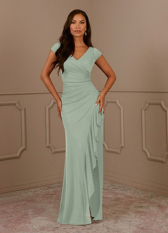 Azazie Roya Mother of the Bride Dresses Dusty Sage Mermaid V-Neck Pleated Mesh Dress image2