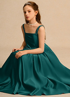 Azazie Mochi Girls Formal Robe Demoiselle D'honneur Fillette Robe Princesse en Mat Satiné Plissée Paon image3
