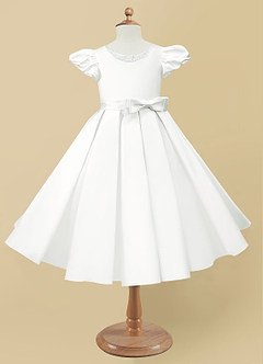Azazie Jewel Flower Girl Dresses Ivory Ball-Gown Pleated Matte Satin Dress image4