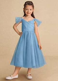 Azazie Lizzette Flower Girl Dresses Steel Blue A-Line Ruched Tulle Dress image6