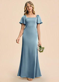 Azazie Chace Junior Dusty Blue Sheath Stretch Satin Dress image1