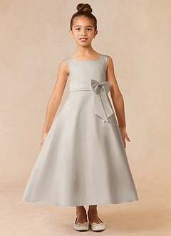 Azazie Lindy Flower Girl Dresses Frost A-Line Pleated Matte Satin Dress image2