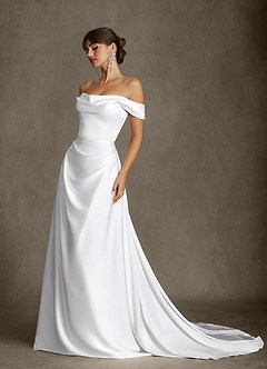 Azazie Brittney Hochzeitskleider A-Linie Schulterfrei Stretch-Satin Kleid Diamantweiß image2