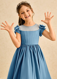 Azazie Toffee Abiti da Ragazza di Fiori Abito Stile Principessa in Raso Opaco Fiocco Blu Acciaio image6
