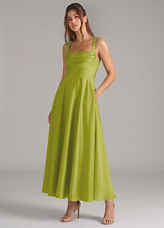 Azazie Shaude Bridesmaid Dresses Lemongrass A-Line Pleated Stretch Satin Dress image5