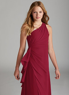Azazie Maive Junior Burgundy A-Line Pleated Chiffon Dress image4