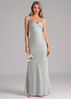 Azazie Kamila Brautjungfernkleider A-Linie Plissee Stretch-Satin Kleid Silber image1
